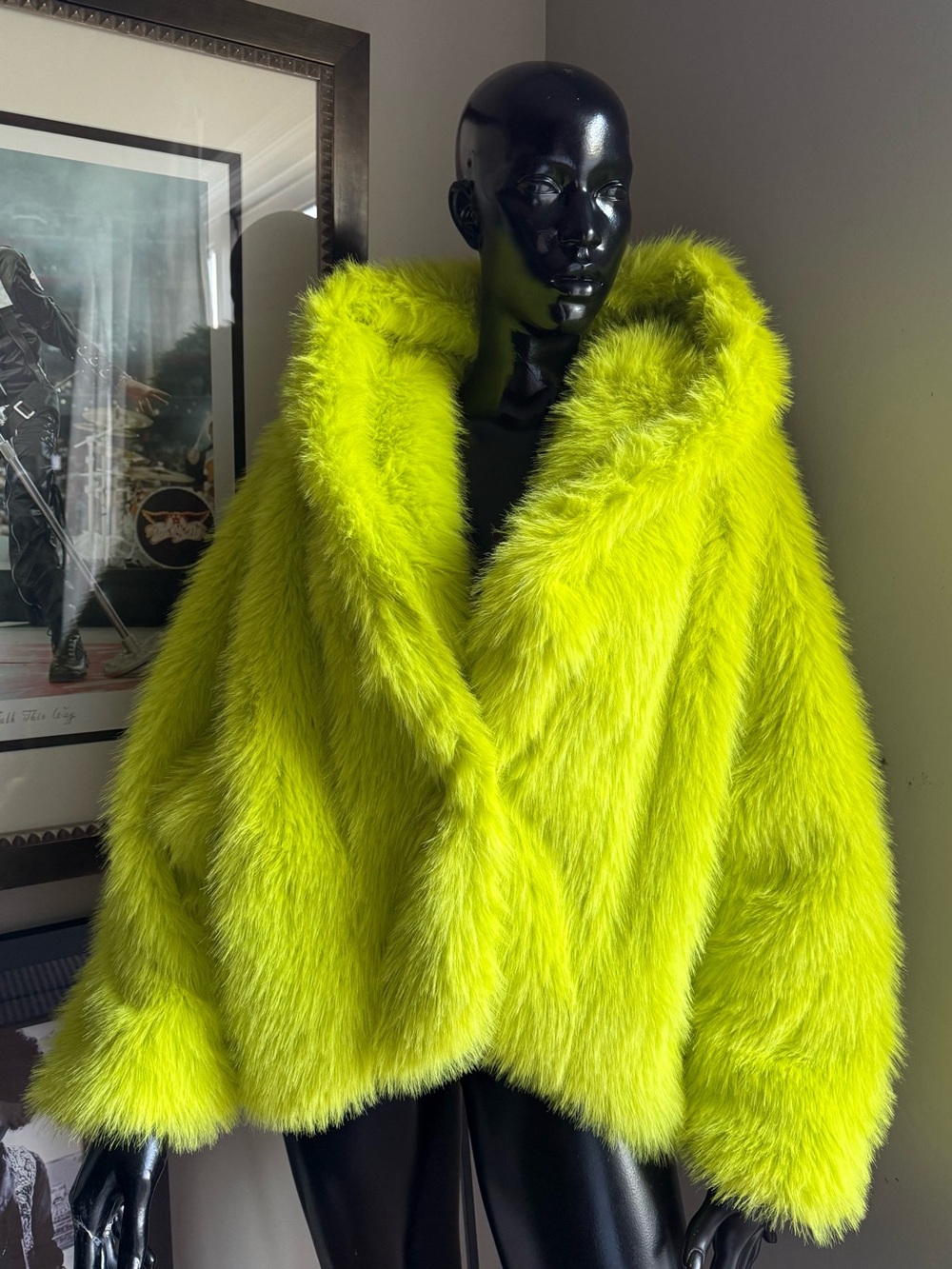 Laseti Neon Chartreuse Faux Fur Hooded Jacket NWT Oversized Glam